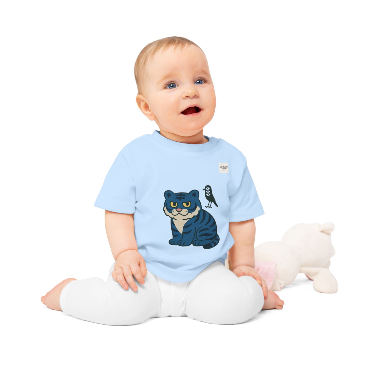 Cute Korean Tiger and Bird Baby T-Shirt, Infant Tee, Toddler Shirt, Animal Lover Gift, Adorable Baby Clothes, Fun Baby Outfit