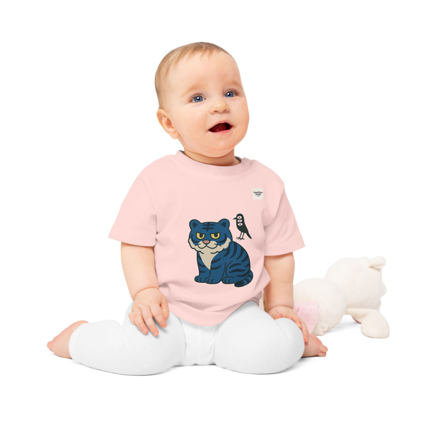 Cute Korean Tiger and Bird Baby T-Shirt, Infant Tee, Toddler Shirt, Animal Lover Gift, Adorable Baby Clothes, Fun Baby Outfit