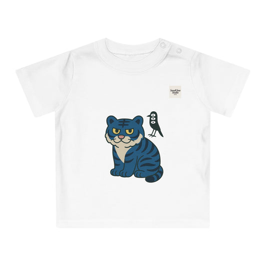 Cute Korean Tiger and Bird Baby T-Shirt, Infant Tee, Toddler Shirt, Animal Lover Gift, Adorable Baby Clothes, Fun Baby Outfit