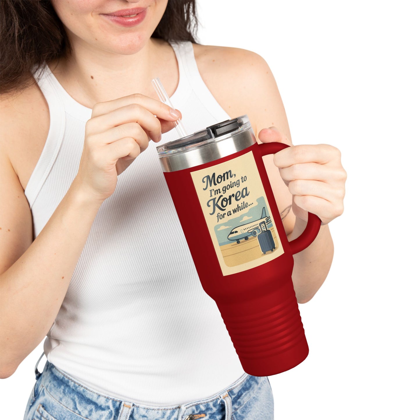 Mom I'm going to Korea ! Travel Mug with Inspirational Quote, Perfect for Travelers, Moms, Gifts for Coffee Lovers, Adventure Gear