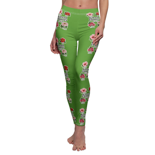 Vibrant Korean Floral Leggings for Everyday Wear, Green, Casual Yoga Pants, Comfort Fit, Gift for Her, Stylish Exercise Gear