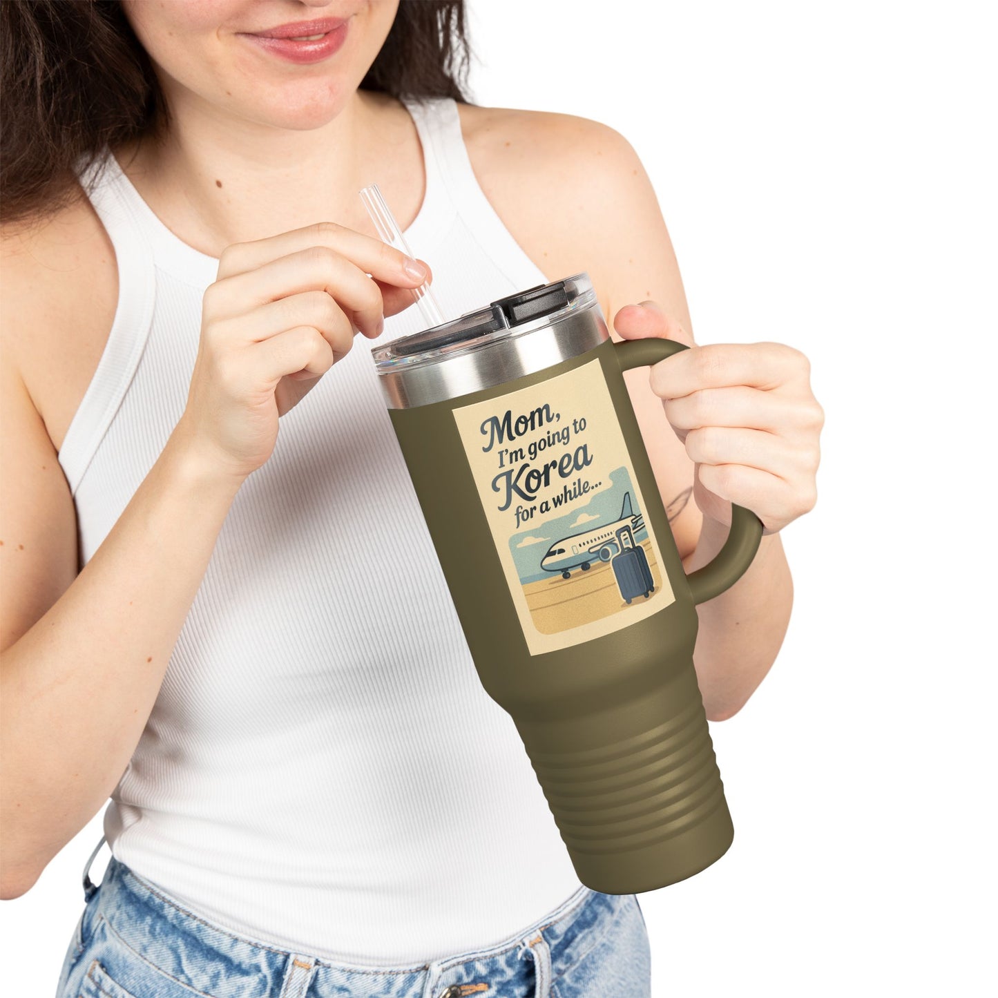 Mom I'm going to Korea ! Travel Mug with Inspirational Quote, Perfect for Travelers, Moms, Gifts for Coffee Lovers, Adventure Gear