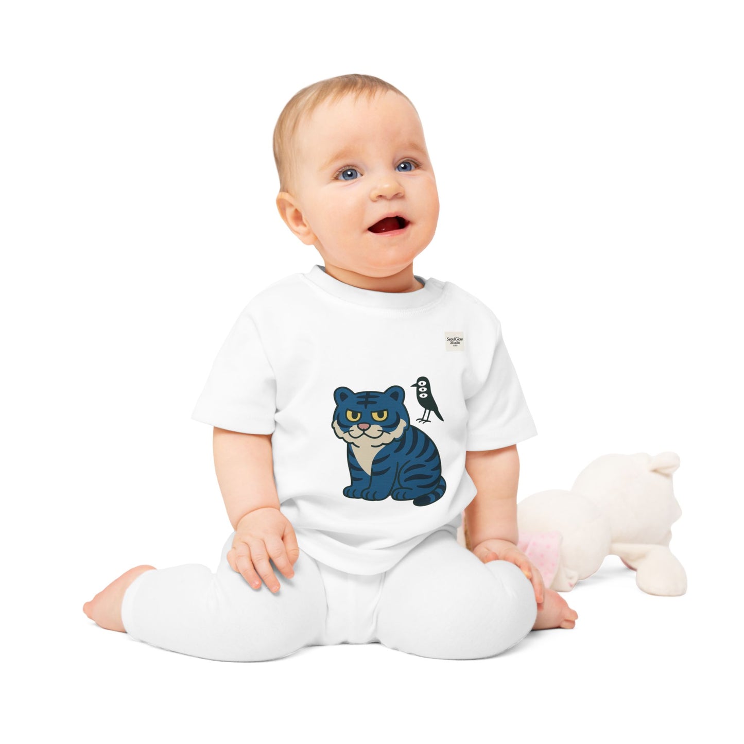 Cute Korean Tiger and Bird Baby T-Shirt, Infant Tee, Toddler Shirt, Animal Lover Gift, Adorable Baby Clothes, Fun Baby Outfit