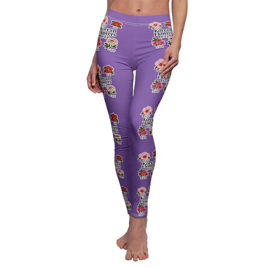 Vibrant Korean Floral Leggings for Everyday Wear, Violet, Casual Yoga Pants, Comfort Fit, Gift for Her, Stylish Exercise Gear